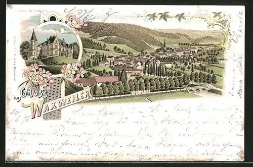 Lithographie Waxweiler, Schloss Merkeshausen und Gesamtansicht