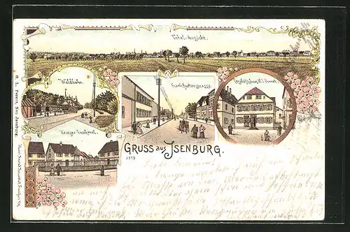 Lithographie Neu-Isenburg, Geschäftshaus K. L. Perrot, Frankfurterstrasse, Waldbahn, Krieger-Denkmal