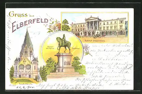 Lithographie Elberfeld, Bahnhof Döppersberg, Kaiser Wilhelm Denkmal und Friedhofskirche
