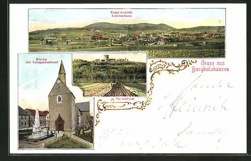 AK Borgholzhausen, Totalansicht, Kirche mit Kriegerdenkmal, Blick auf die Ravensburg