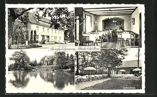 AK Borgholzhausen-Winkelshütten, Hotel-Pension Haus Uffmann mit Schwanteich und Innenansicht
