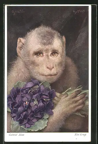 Künstler-AK Affe mit einem Strauss Veilchen