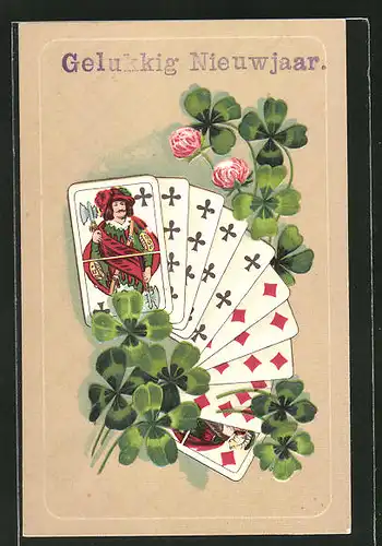 Präge-AK Neujahrsgruss, Kartenspiel mit Kleeblättern