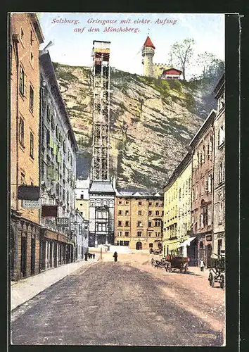 AK Salzburg, Griesgasse mit elektrischen Aufzug auf dem Mönchsberg