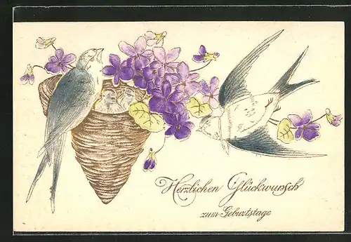 Präge-AK Geburtstagsgruss, Schwalben am Nest mit lila Blumen