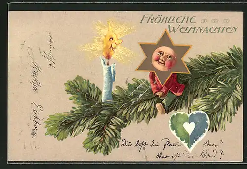AK Vermenschlichte Kerze und vermenschlichter Stern auf einem Tannenzweig, "Fröhliche Weihnachten", Metamorphose