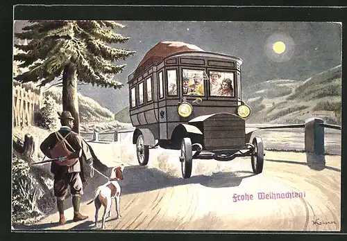 AK Autobus der K. K. Automobilpost bei Mondschein unterwegs, Jäger mit Hund, "Frohe Weihnachten"