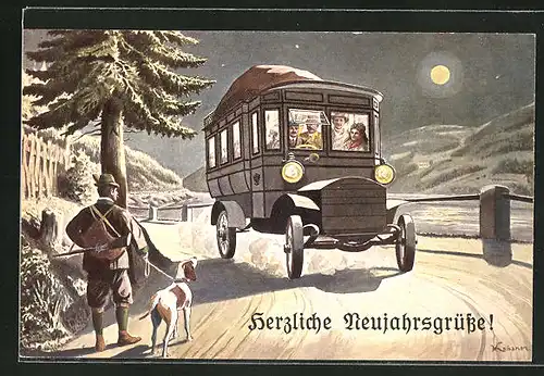 AK Autobus der K. K. Automobilpost unterwegs, Jäger mit Hund am Wegesrand, "Herzliche Neujahrsgrüsse"