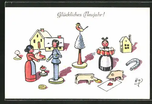 AK Dorfszene mit Glücksschwein und Hufeisen, Holzspielzeug, "Glückliches Neujahr"