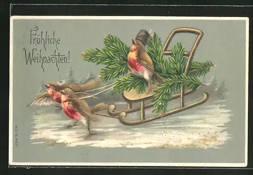 Präge-Lithographie vermenschlichte Vögel mit Schlitten und Tannenzweigen, "Fröhliche Weihnachten"