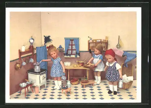 AK Käthe Kruse-Puppe, Mädchen in Küche