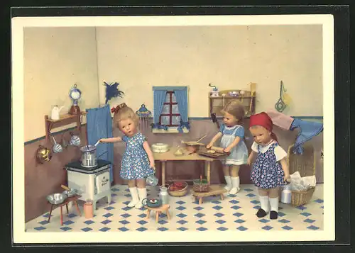 AK Käthe Kruse-Puppe, Köchin, Dienstmädchen, Küche