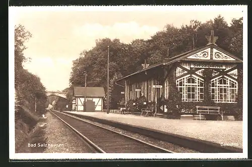 AK Bad Salzhausen, Bahnhof von der Gleisseite betrachtet