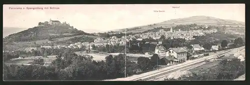 Klapp-AK Spangenberg, Panorama vom Berg mit Schloss, Bahnhof und Villa Bender