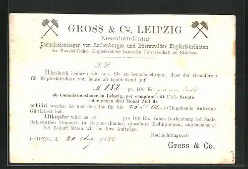 AK Leipzig, Gross & Co., Eisenhandlung, Commissionslager von Rothenburger & Eberswalder Kupferfabrikanten, Bergbau