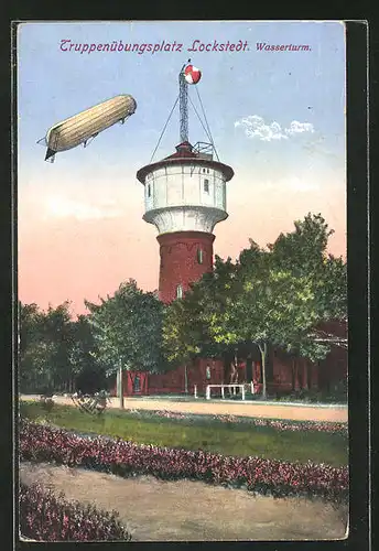 AK Lockstedt, Truppen-Übungsplatz mit Wasserturm und Zeppelin
