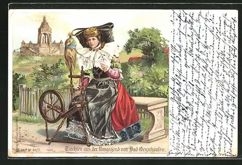 Lithographie Bad Oeynhausen, Frau in Tracht Schaumburg-Lippe mit Spinnrad
