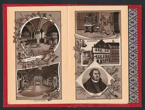 Leporello-Album Wartburg, mit 14 Lithographie-Ansichten, Restauration, Bad Thal, Ruhla, Lutherstube, verzierter Einband