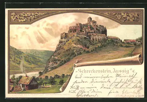 Künstler-AK Erwin Spindler: Aussig / Usti, Blick zur Burg