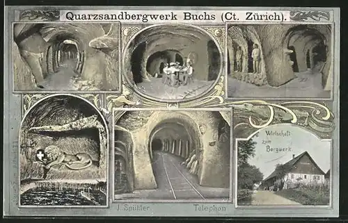 AK Buchs, Szenen aus dem Quarzsandbergwerk, Stolleneingang, Schienen, Wirtschaft zum Bergwerk