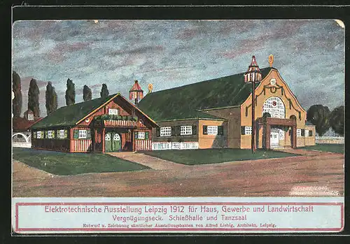 Künstler-AK Leipzig, Elektrotechnische Ausstellung für Haus Gewerbe und Landwirtschaft 1912, Schiesshalle und Tanzsaal