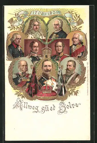Präge-Lithographie Allweg guet Zolre, 1701 - 1901. Hohenzollern-Fürsten, Friedrich Wilhelm III. von Preussen