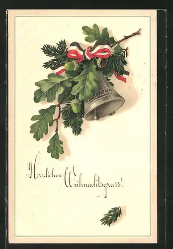 AK Herzlichen Weihnachtsgruss, Glocke mit patriotischer Schleife und Eichenlaub