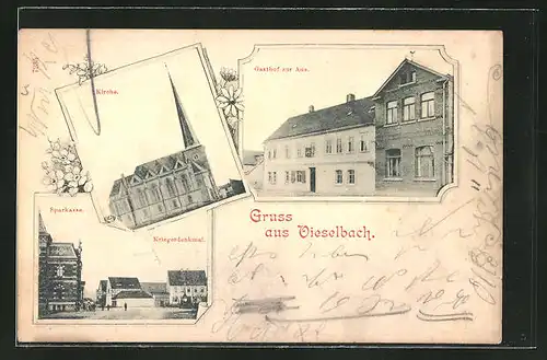 AK Vieselbach, Gasthaus zur Aue, Kirche, Sparkasse, Kriegerdenkmal