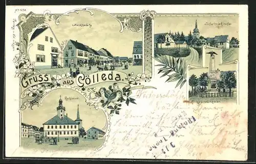 Lithographie Cölleda, Marktplatz, Johanniskirche, Kriegerdenkmal, Rathaus