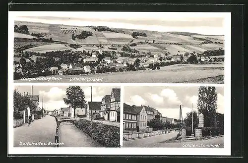 AK Harpersdorf / THür., Dorfstrasse & Erlbach, Schule m. Ehrenmal, Unterer Ortsteil