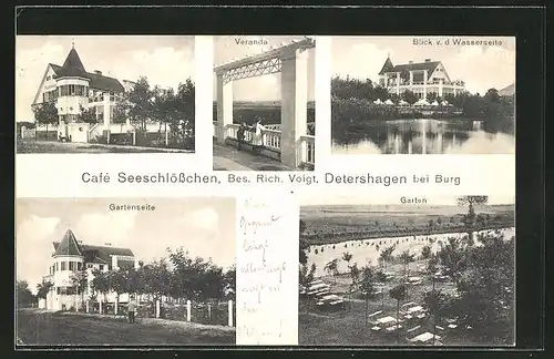 AK Detershagen, Café Seeschlösschen, Veranda, Blick v. d. Wasserseite, Gartenseite, Garten