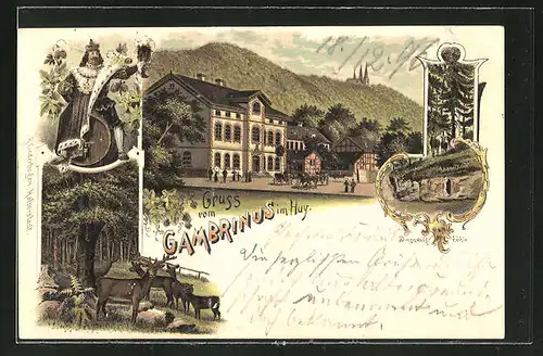 Lithographie Dingelstedt, Gasthaus Gambrinus im Huy., Danneilshöhle, Waldpartien