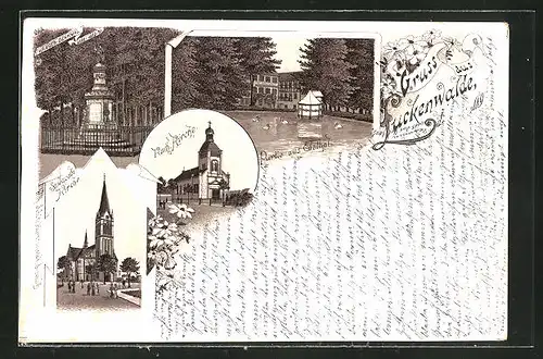 Lithographie Luckenwalde, Partie am Elsthal, Kriegerdenkmal, St. Jacobi-Kirche und Katholische Kirche