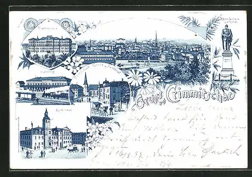 Lithographie Crimmitschau, Ortsansicht mit Kirche, Blick auf Knabenschule, Bahnhof, Rathaus u. Kaiser Wilhelm Denkmal