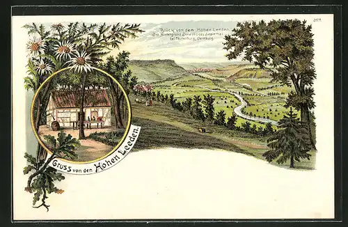 Lithographie Tautenburg, Gasthaus zu den Hohen Leeden, Blick von den Hohen Leeden