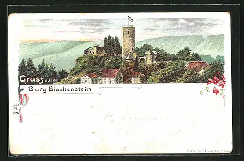 Lithographie Hattingen-Blankenstein, Blick auf die Burg Blankenstein