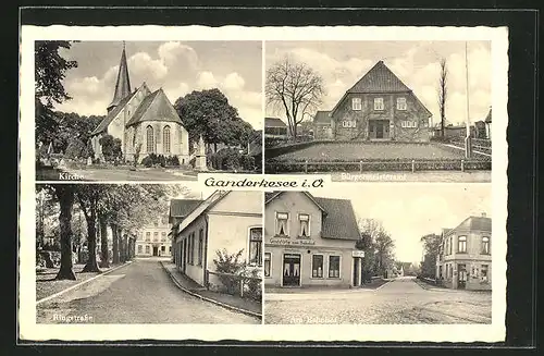 AK Ganderkesee i. O., Kirche, Ringstrasse, Bürgermeisteramt, Partie am Bahnhof