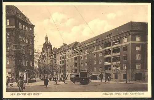 AK Berlin-Wilmersdorf, Strassenbahn an der Ecke Hildegard-Strasse und Kaiser-Allee