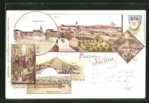 Lithographie Jitschin / Gitschin / Jicin, Velké námesti, Kost, Vajensky hrbitov