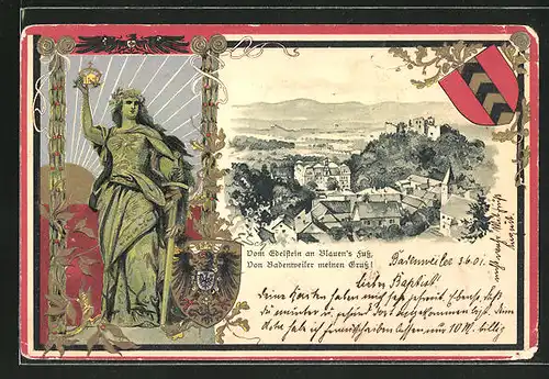 Passepartout-Lithographie Badenweiler, Gesamtansicht aus der Vogelschau, Frau mit Krone, Schwert und Wappen
