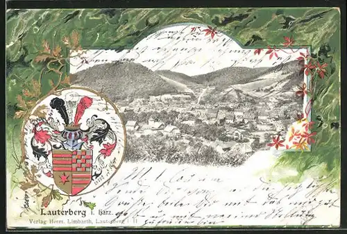 Passepartout-Lithographie Bad Lauterberg, Ortsansicht aus der Vogelschau mit Wappen