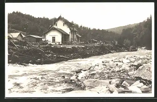 AK Lauenstein, Hochwasser am 8.7.1927, Partie am Bahnhof