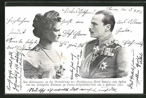 AK Erinnerung an die Vermählung d. Griossherzogs Ernst Ludwig von Hessen-Darmstadt mit Prinzessin Eleonore 1905