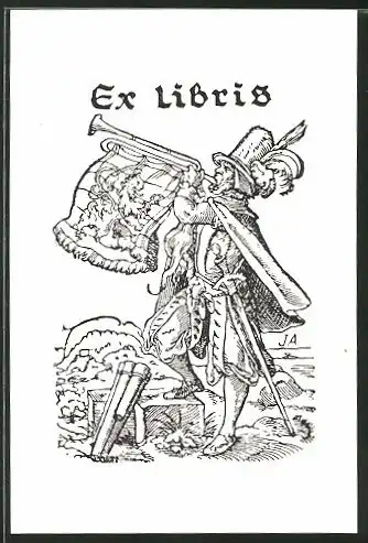 Exlibris von Jost Amann, Edelmann mit Posaune und Standarte