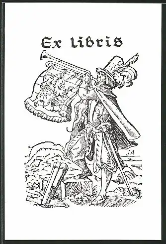 Exlibris von Jost Amann, Edelmann mit Standarte bläst Posaune
