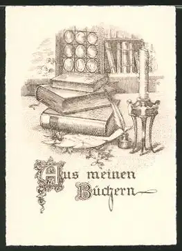 Exlibris Aus meinen Büchern, Bücher, Kerzenständer und Schreibfeder