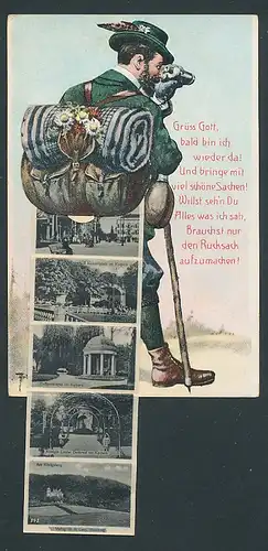 Leporello-Künstler-AK Arthur Thiele: Bad Pyrmont, Wanderer mit Fernglas, Brunnenplatz, Hauptallee mit Theater