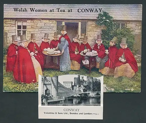 Leporello-AK Conway, Welsh Woman at Tea, Castle & Bridge, Sychnant Pass, Conway Castle, Aberconwy oldest House