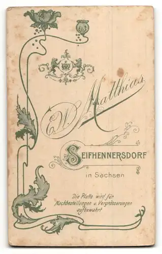 Fotografie E. W. Matthias , Seifhennersdorf, hübsches dunkelhaariges Fräulein im weissen Kleid mit Halskette