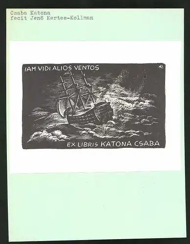 Exlibris von Jenö Kertes-Kollman für Csaba Katona, Segelschiff in tosender See
